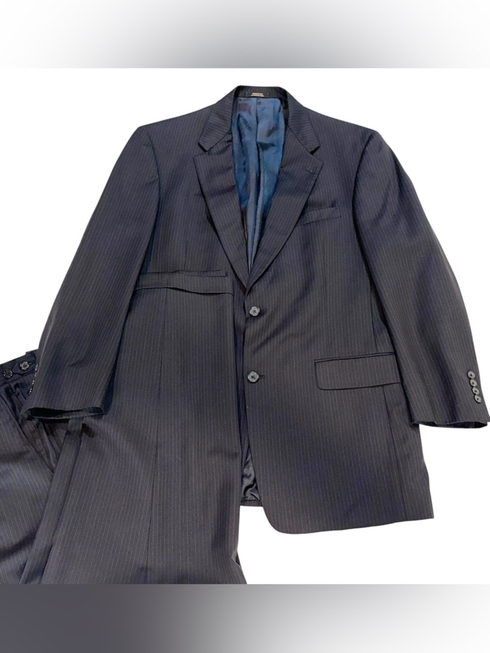 Hart Schaffner & Marx Pinstriped Suit Mens Blue 2Pc Worsted Wool 42L 35x30” USA